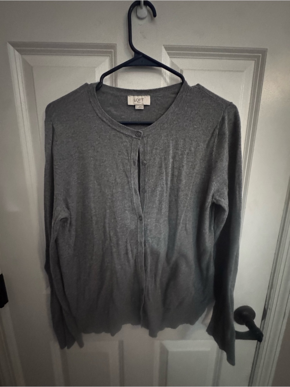 LOFT Gray Crewneck Button-Front Cardigan